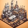 Illustration of a detailed alcohol beverage factory with labeled tanks, vats, and pipes, showing people and equipment in a sectioned layout.