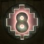 Illuminated number 8 on a circular sign with a geometric design and a pink glow, set against a dark background.